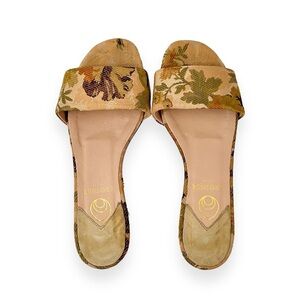 Brother Vellies Beige Green Neutral Floral Brocade Block Heel Sandals sz 6